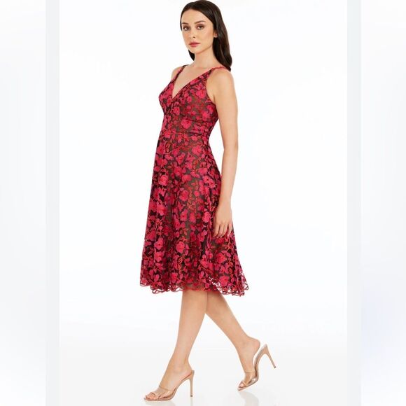 Dress the Population L Elisa Fuchsia Coral Black Tulle V-Nevk & Back Zip Dress - Picture 1 of 17